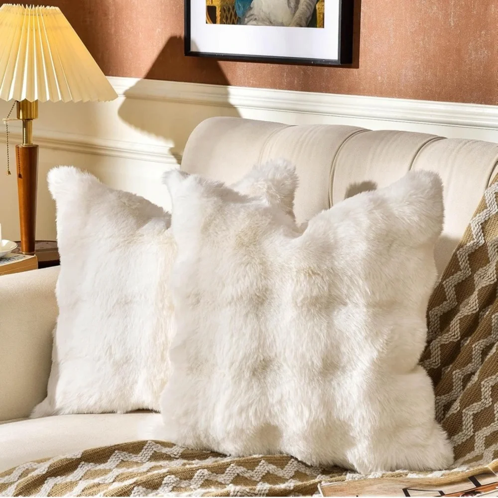 NWT AmHoo 2 Throw Pillow Covers Fluffy Cream